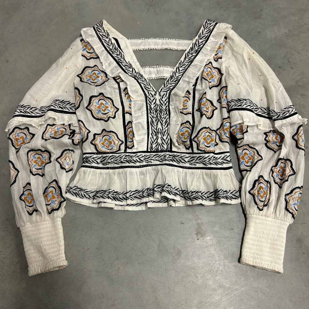By Anthropologie Embroidered Peplum Blouse White Boho Balloon Sleeve Top Size 2